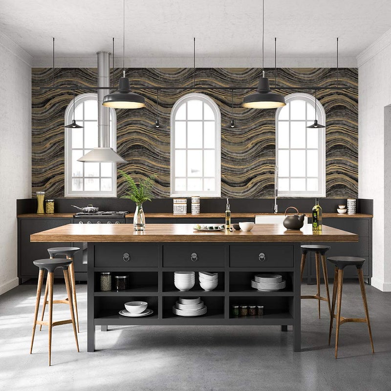 Tempaper Black & Metallic Gold Travertine Stone Removable Peel and Stick Marble Wallpaper, 20.5 in X 16.5 ft, Made in The USA - Image 3